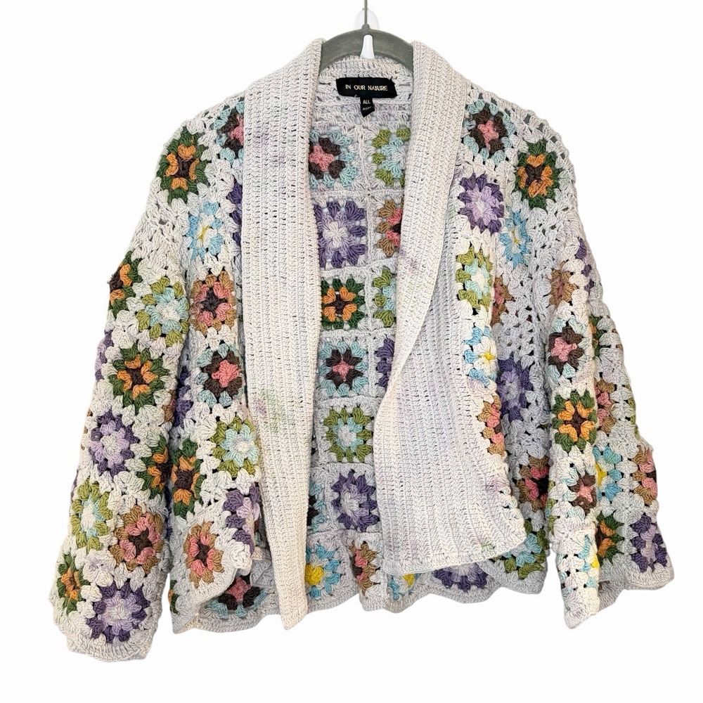 Anthropologie Crochet Granny Square Cardigan Open Boho Chunky Rare HTF OS - Picture 2 of 9